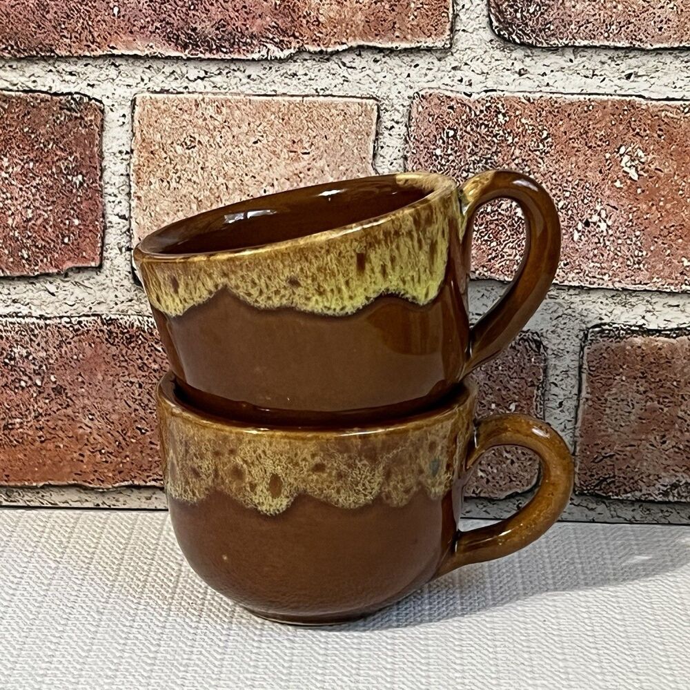 Set of 2 Vintage Ceramic Expresso Cappuccino Coffee Mugs Cups Drip Glaze Brown